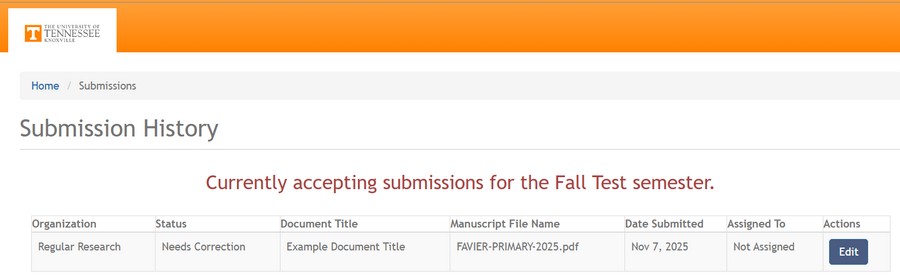 A table called Submission History that shows a list of existing submissions with an Edit button on the far right of each row.